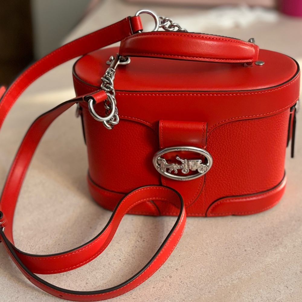 Coach Georgie Gem Crossbody Vanity Case Signature Leather Purse.Bright Poppy Red